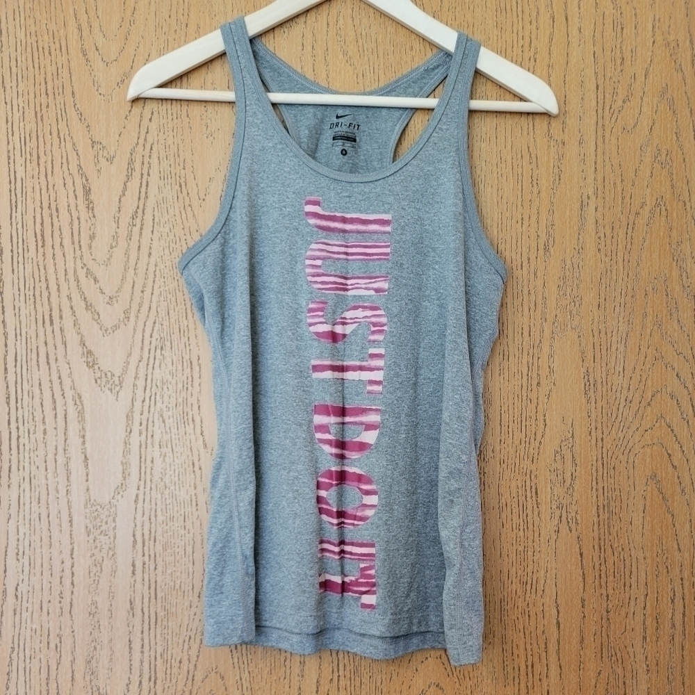 Nike Dri-Fit heathered grey w/ pink & white zebra "just do it" racerback tank S
